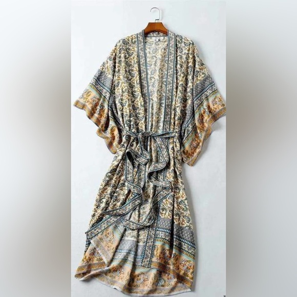 WORLD MARKET Floral Kimono with Blue and Tan Accents - Picture 7 of 17